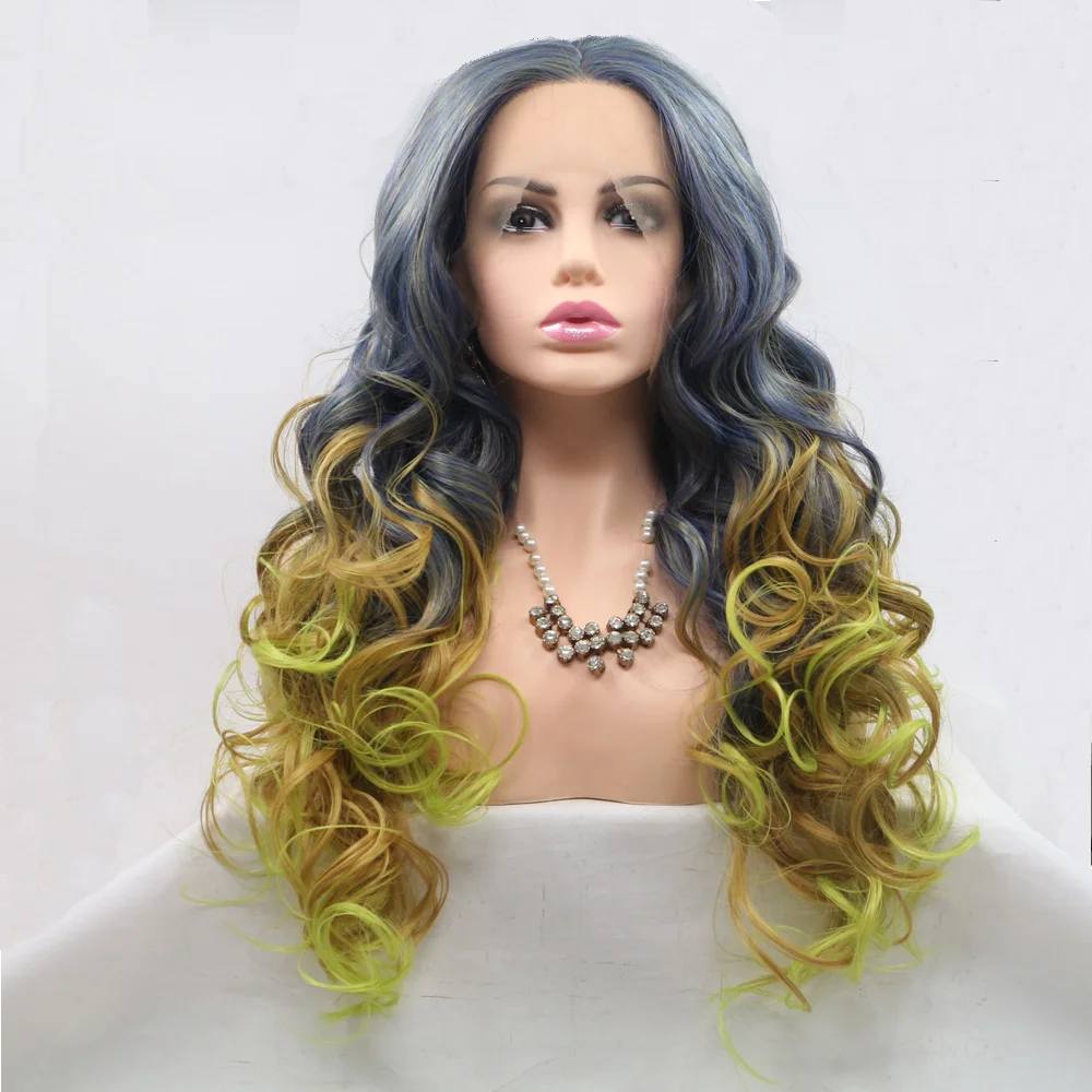

Mixed Blue Grey Ombre Green Wig Lace Front Wig Long Curly Synthetic Wigs Tips 24 inches Heat Resistant for Women
