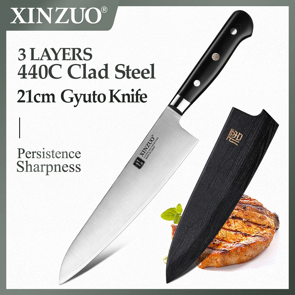 XINZUO 210mm Chef Knife 3 Layer 440C Core Clad Steel Kitchen Knives Stainless Steel Sharp Butchers Gyutou Knife with G10 Handle