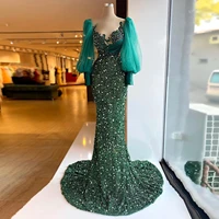 elegant green mermaid evening dress tulle long sleeve prom gowns sequins ladies pleat formal wear lace vestido de novia