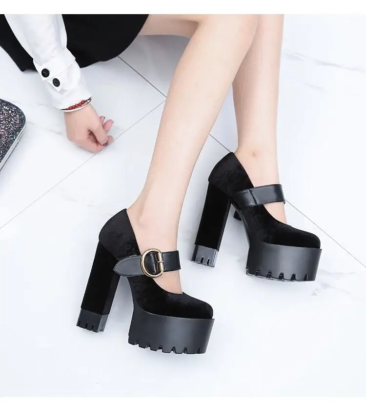 Женские туфли на очень высоком квадратном каблуке 15 см лодочки с круглым носком в