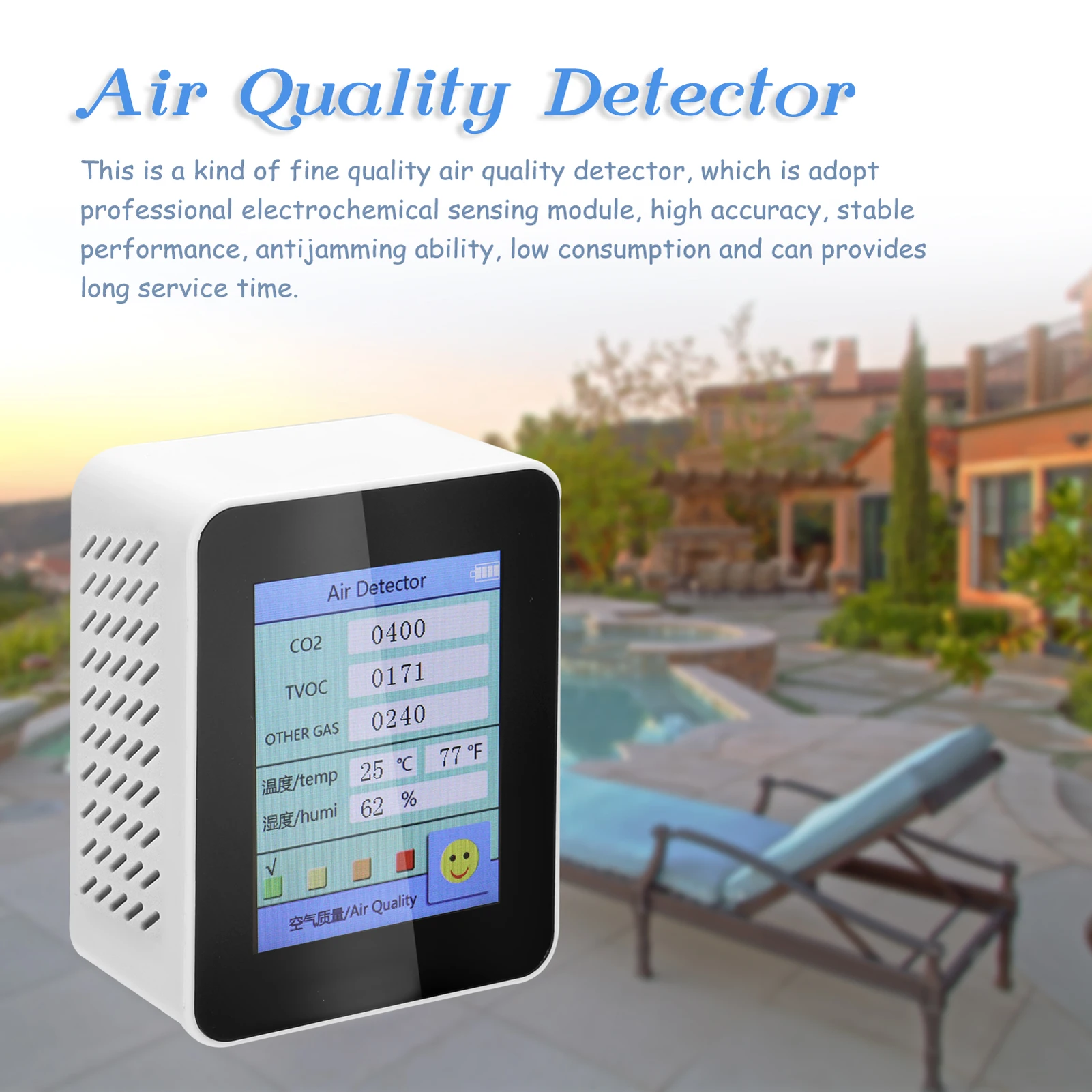 

Household Air Quality Detector CO2 Tester with Carbon Dioxide TVOC Value Electricity Quantity Temperature Humidity Display