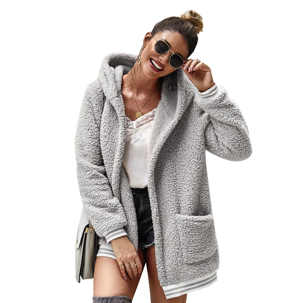 

Autumn and winter casual hooded polar fleece jacket long college style warm women coats Faux lamb wool coat
