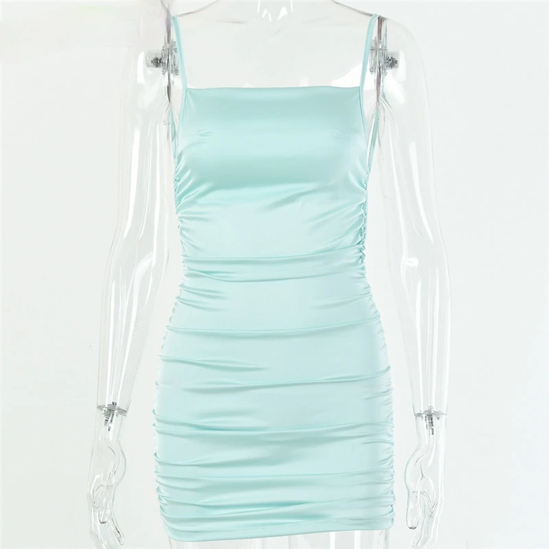 

Spaghetti Strap Mini Satin Dress Women Sexy Backless Cross Bandage Bodycon Party Dress Pleated Stretch Short Club Dress