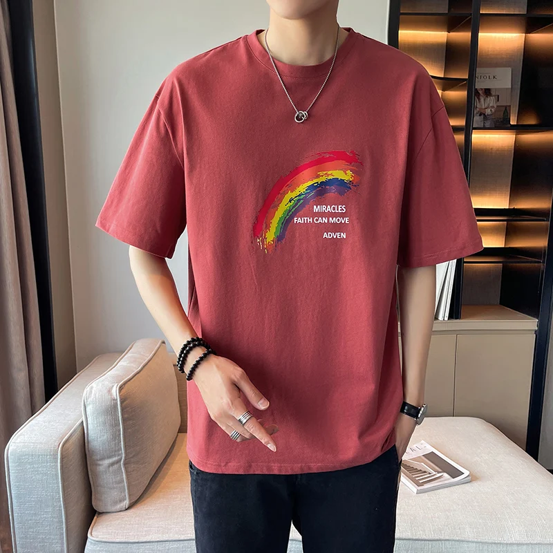 

Summer Rainbow Print Men's Casual T-shirt Chic O-neck Short Sleeve Casual Tee Shirt Male Slim Fit Korean Style 5XL Big Size Tops