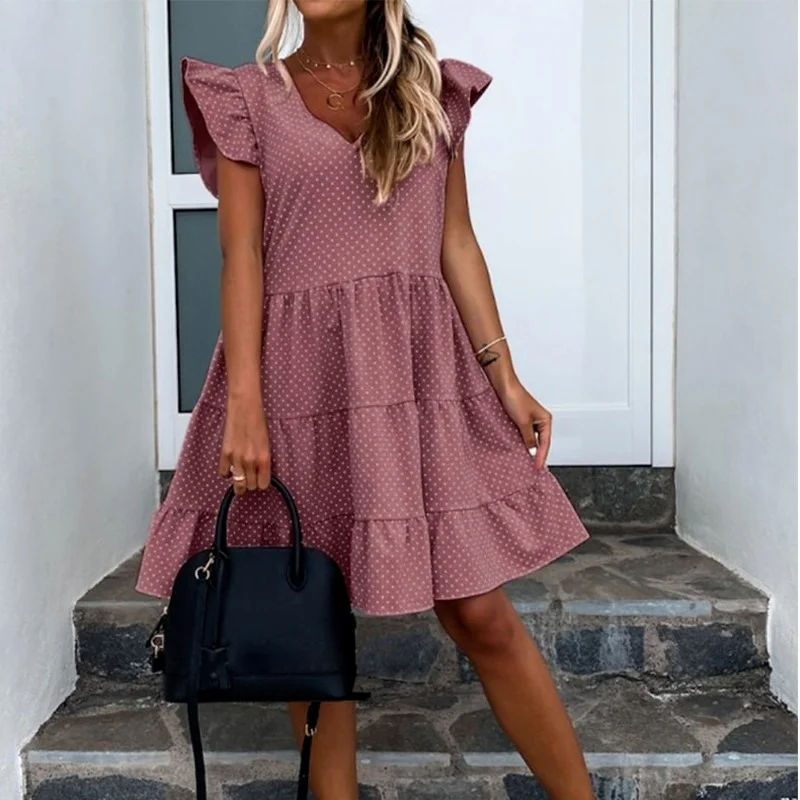 

QWEEK Ruffle Dresses for Women 2021 Causal Polka Dot Boho Party Dress Female Vestido De Mujer Robe Femme Sundress Sleeveless