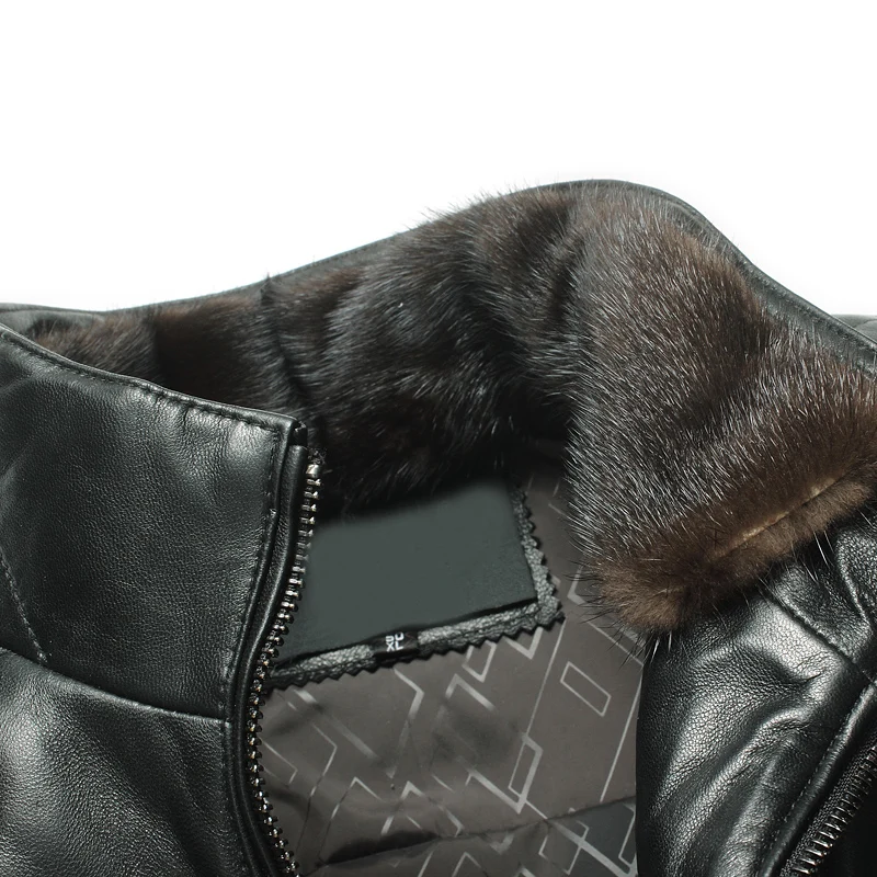 Мужская кожаная куртка с воротником из натурального меха норки новинка зимы