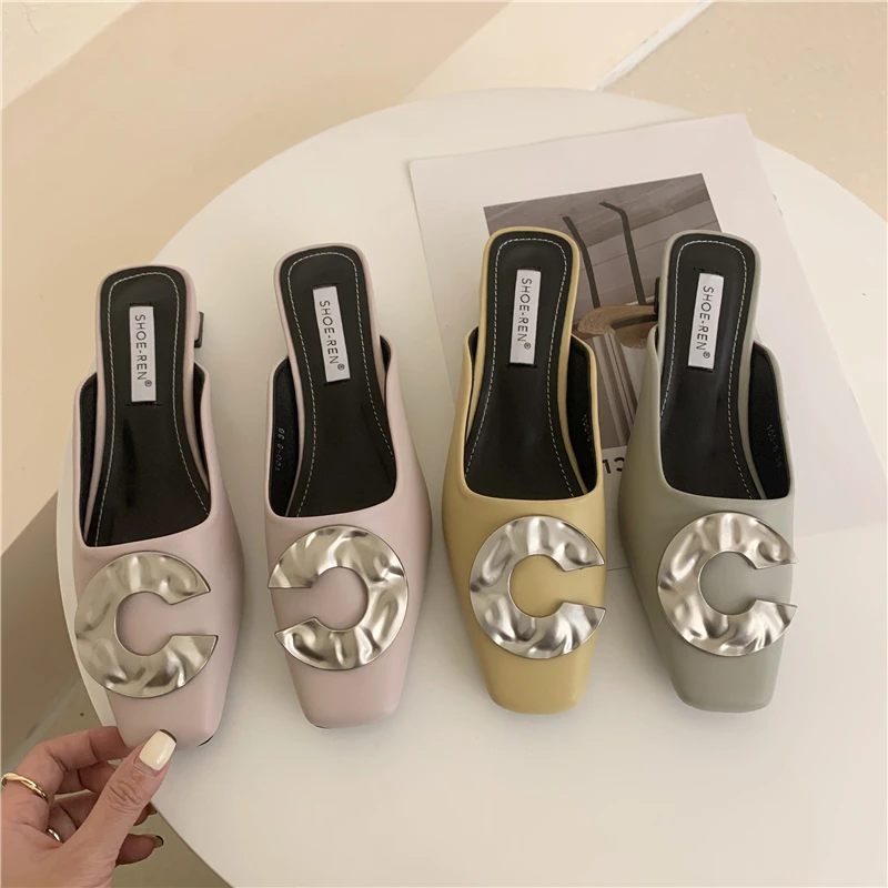 

Muller Shoes Fashion Low Heel Women Slippers Square Toe Letters Solid Color Ladies Sandals Casual Slides Summer Shoes For Women