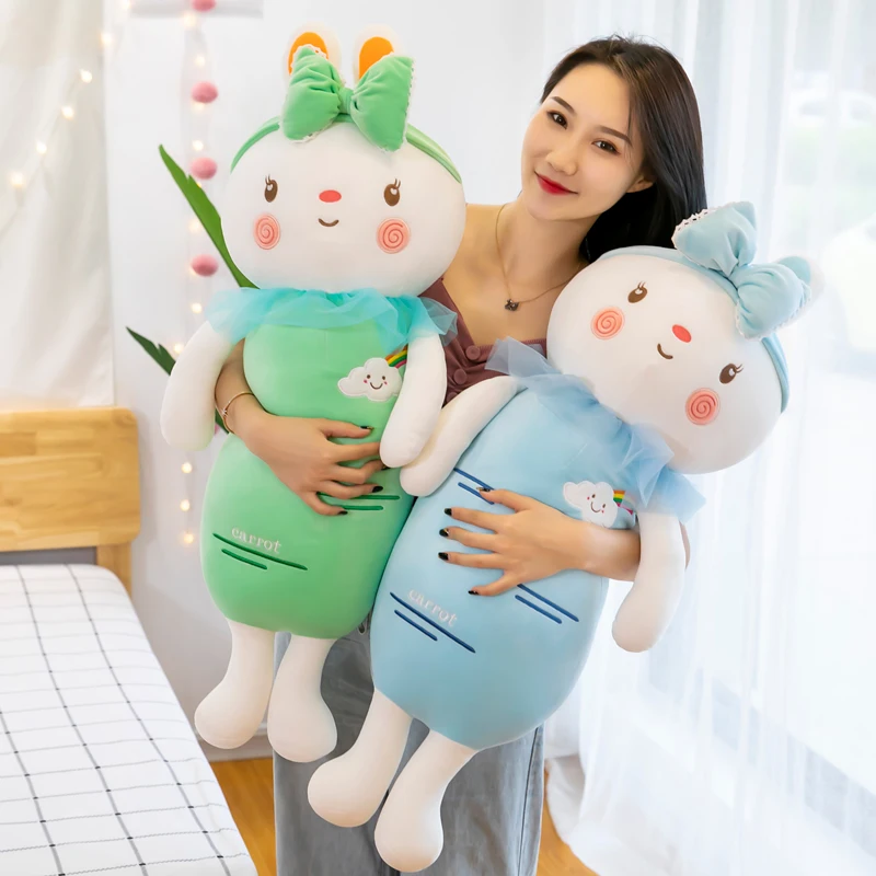 

Candice guo! cute plush toy lovely cartoon animal bowknot rabbit bunny carrot soft long body cushion birthday Christmas gift 1pc