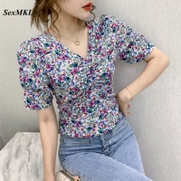 sexy printed summer blouses women 2022 casual puff sleeve v neck harajuku ladies tops korean clothes vintage chiffon blouse