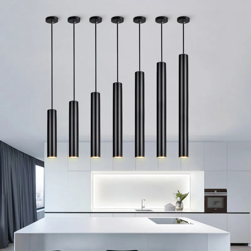 

[DBF]LED Modern Pendant Light Long tube Black Pendant Lamp Island Bar Counte Shop Room Kitchen light fixtures hanglamp luminaire