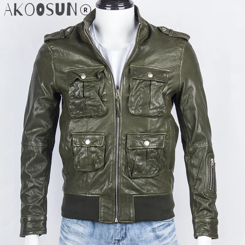 

Men's Genuine Leather Jacket Multi Pockets Sheepskin Jackets Casual Skinny Stand Collar Leather Coat for Male