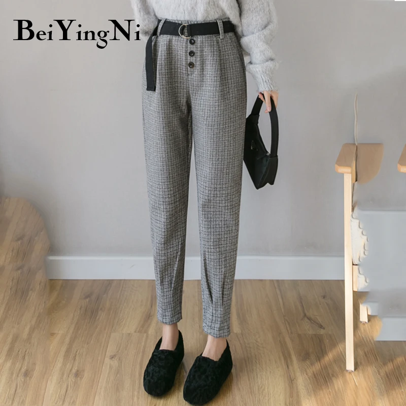 

Beiyingni Woolen Plaid Pants Womens With Belt Warm Autumn Winter Thick Vintage Harem Pants Female Large Size Korean OL Trousers