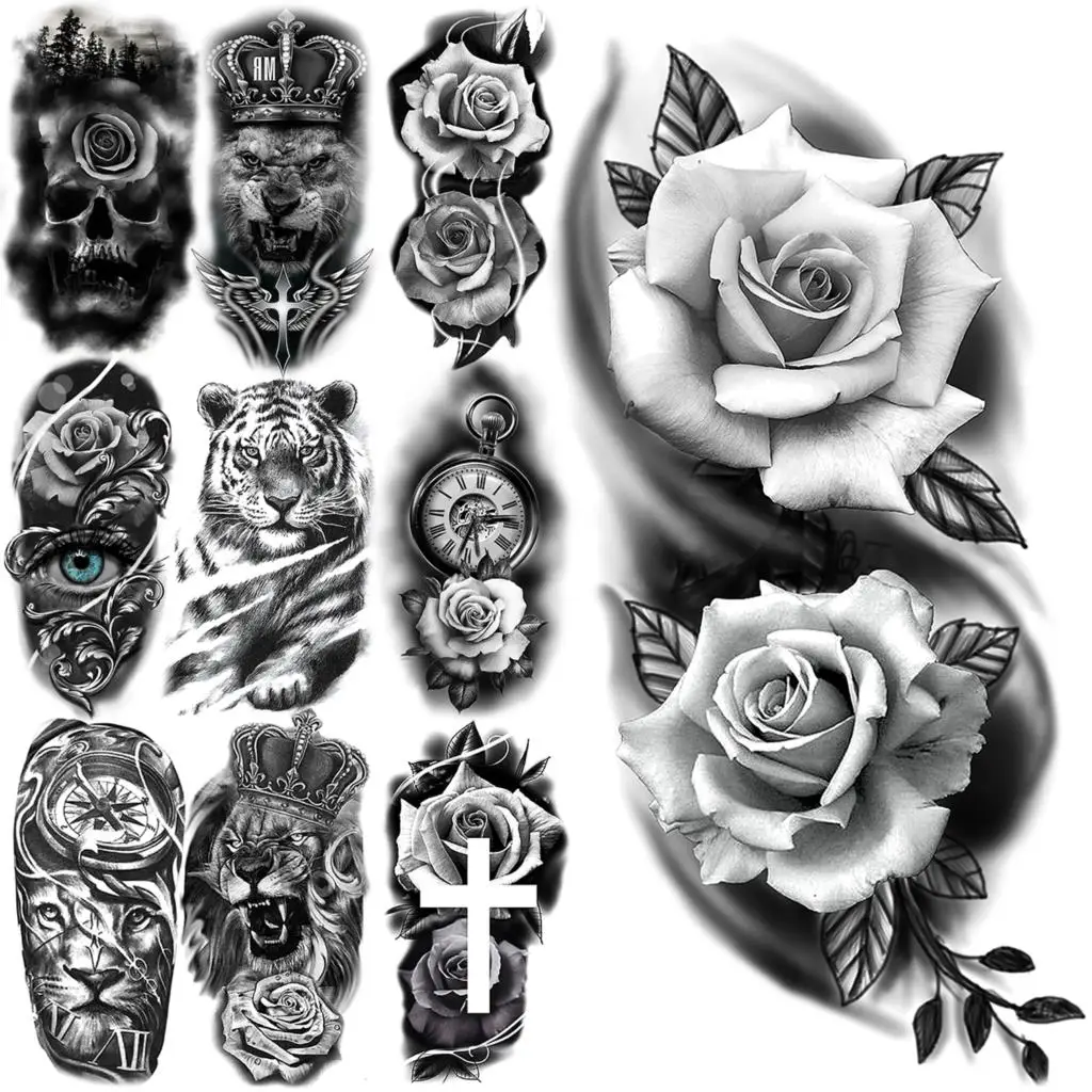 

3D Rose Flower Temporary Tattoos For Women Adults Realistic Tiger Compass Skull Lion Crown Fake Tattoo Sticker Arm Waist Tatoos