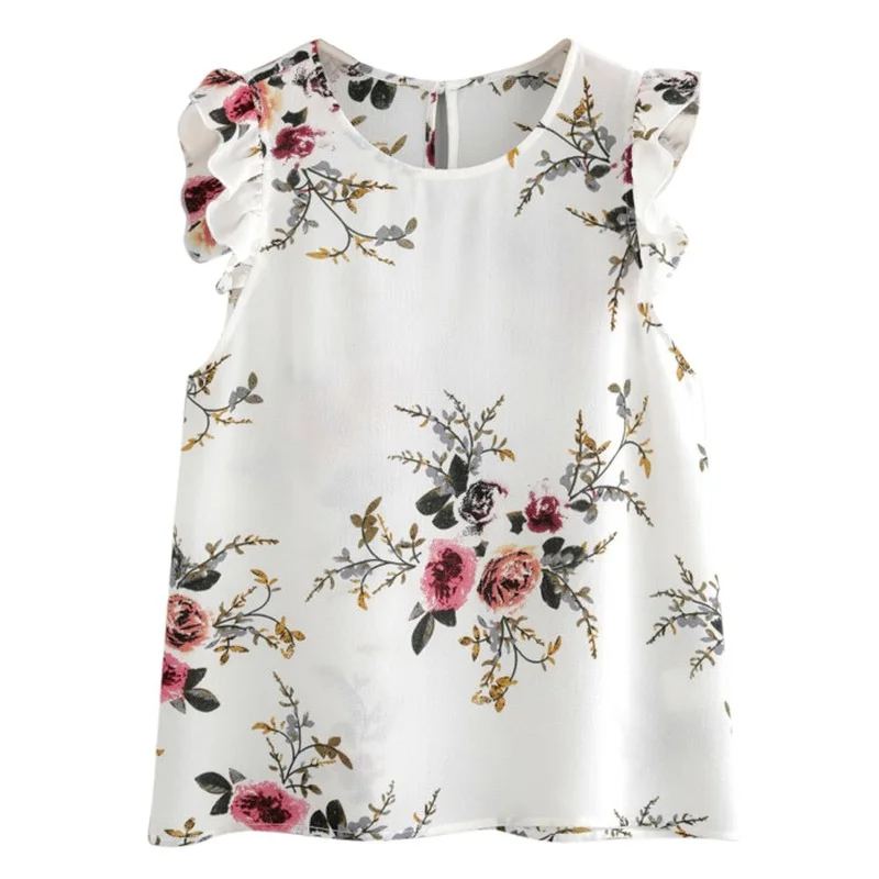 

2021 New T-shirt Women's Round Neck Flower Short-sleeved Irregular Women's Floral Shirt Butterfly Sleeve Vest Chiffon Casual Top