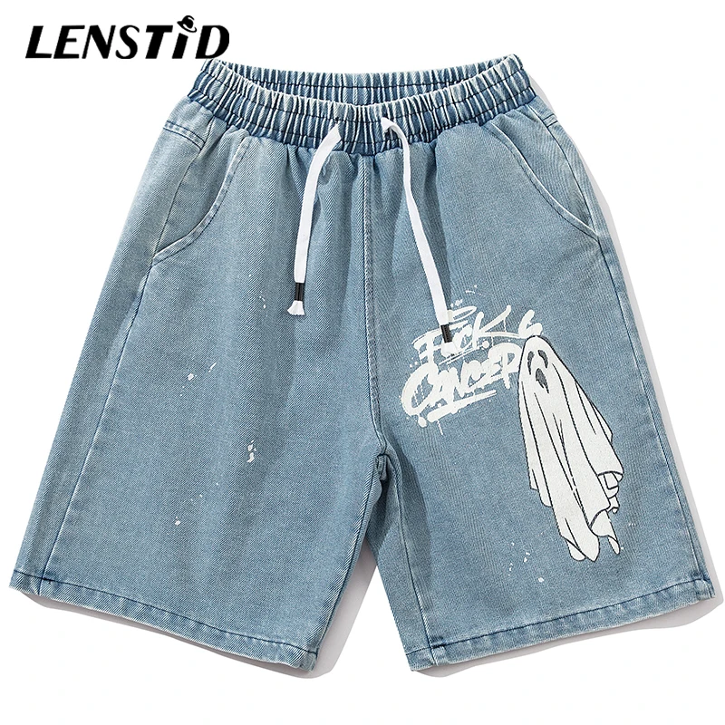 Джинсовые шорты LENSTID мужские в стиле хип-хоп уличная одежда с принтом Призрака и