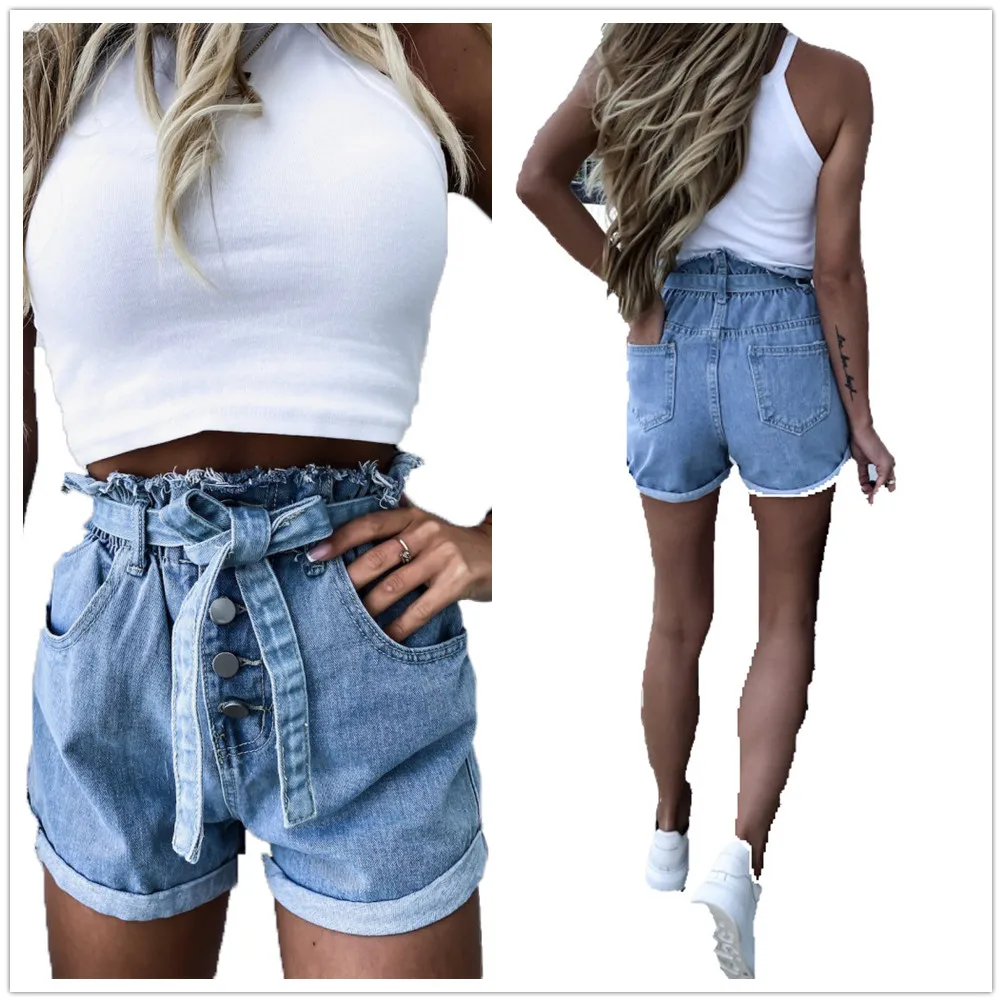 Женские джинсовые шорты повседневные на пуговицах шнуровке с высокой талией