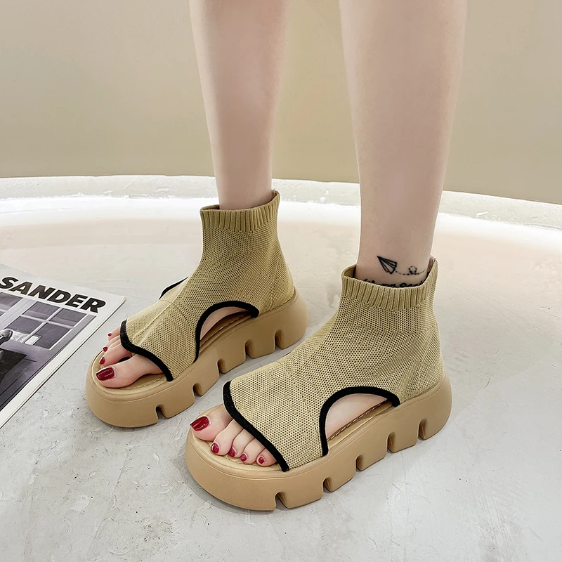 Thick-soled Fish Mouth Canvas Sandals Female 2022 Summer New Style Sponge Cake Breathable Fly Woven Mesh Hollow Roman Shoes