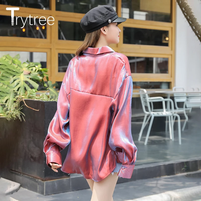 Trytree/Осенняя Женская Повседневная Блузка с отложным воротником однобортный