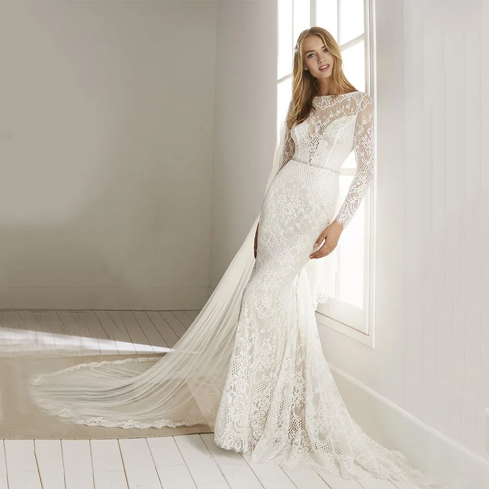 

Elegant Bohemian Tulle Wedding Dresses Scoop Lace Illusion Long Sleeve White Ivory Backless Sheath Bridal Gown Custom Made