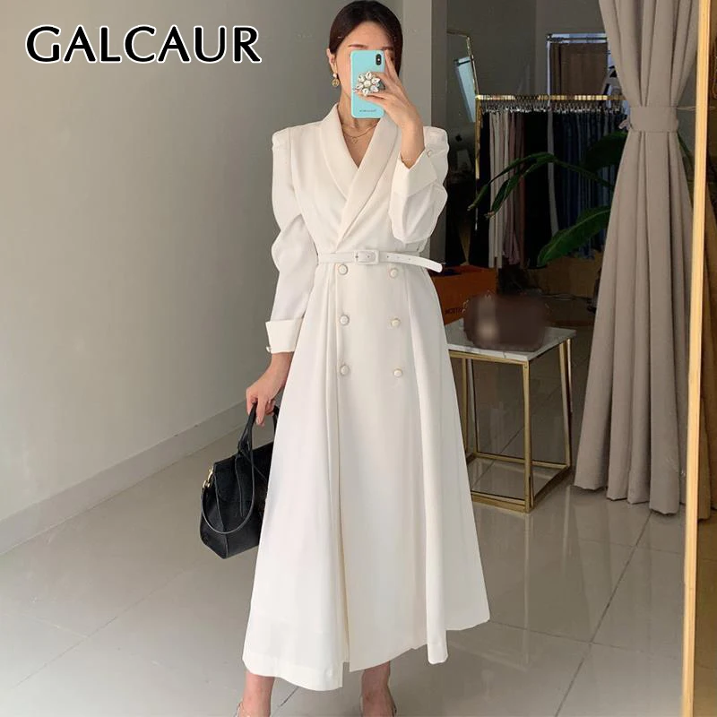 

Повседневное платье GALCAUR для женщин с высокой талией и поясом, двубортное ТРАПЕЦИЕВИДНОЕ ПЛАТЬЕ большого размера с V-образным вырезом и длин...