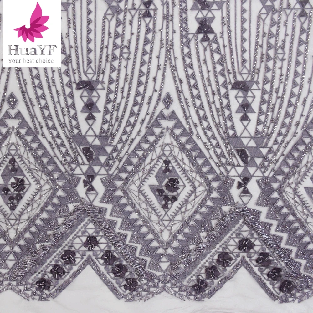 

2021 Purple 3D Flowers HandMade Beaded Mesh Lace With Sequins Mesh Fabrics For Party Dress HY1307-2