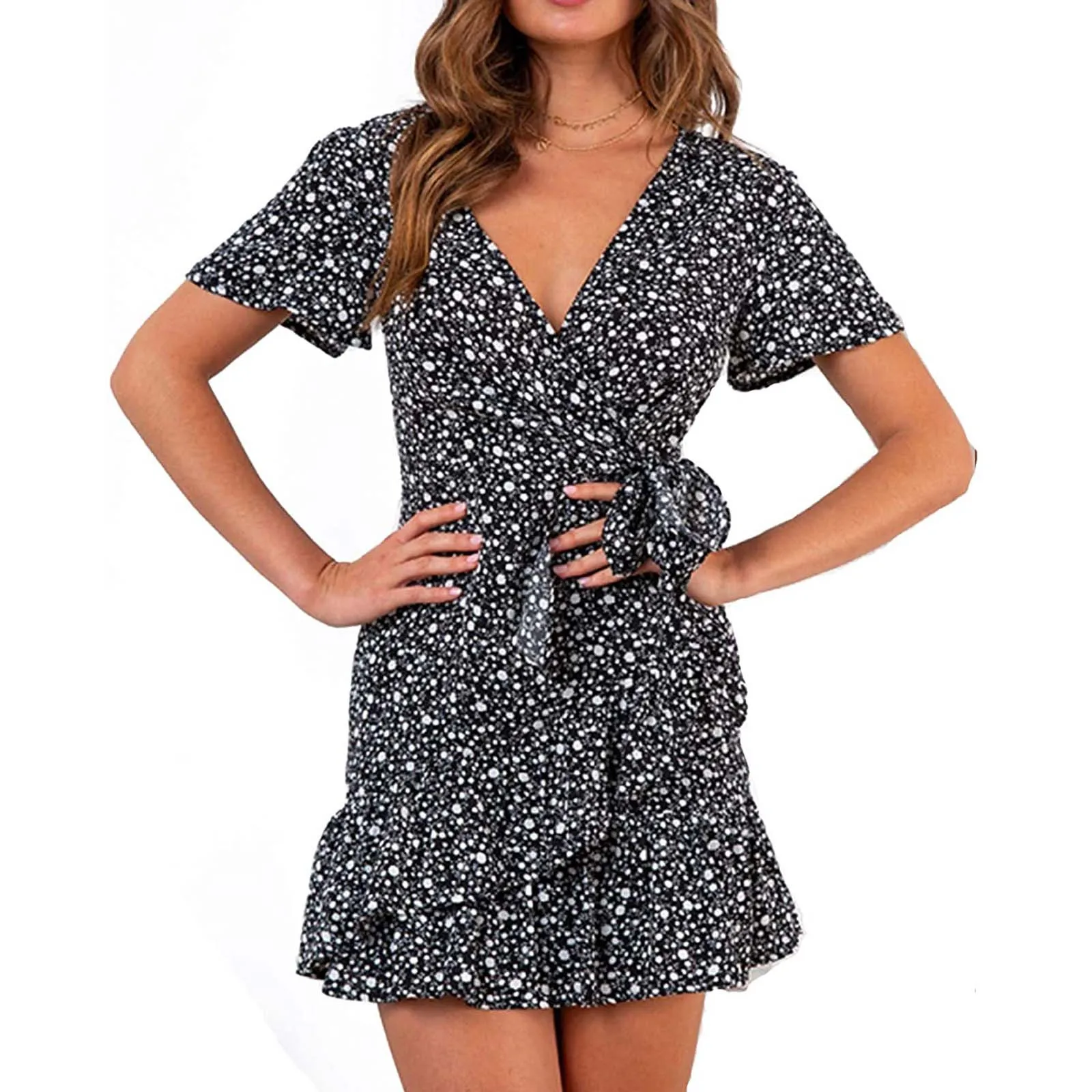 

V-neck Ruffle Dress Fashion Women Chiffon Ruffle Short Sleeve Printed Bandage Casual V-neck Dress