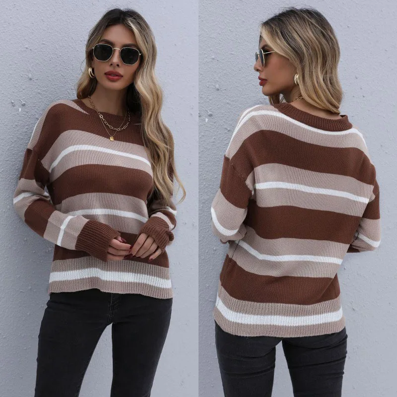 

Autumn 2021 Striped Sweater Brown Long Sleeve Striped Women Clothes 2021 Korean Fashion Knitted Sweater Harajuku Top