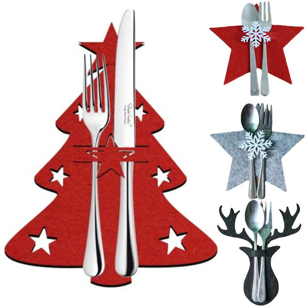 

4PCS Christmas Knife and Fork Holder Elk Xmas Tree Pocket Cutlery Bag Non-woven fabric Tableware Organizer Table Decor Tools