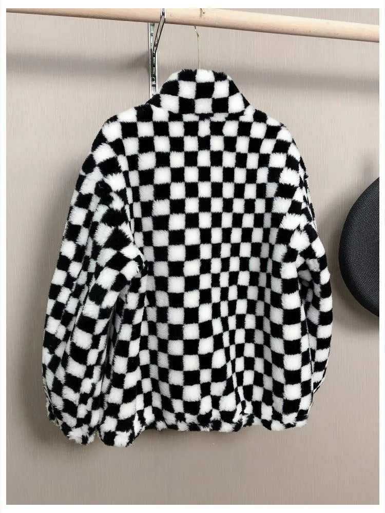 Winter Korean Style Women's High Quality Plaid Wool Fur Leather Coat C271