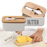 nordic style butter box sealing with wood lid knife food dish ceramic keeper tool cheese storage tray plate container for kitche