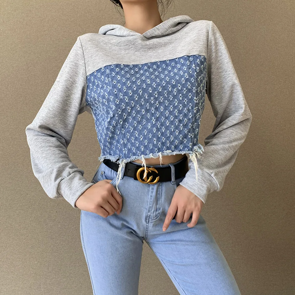 

Europe America Hoodie Spring Autumn Fashion Casual Splicing Cowboy Hooded Long Sleeve Short Jacket