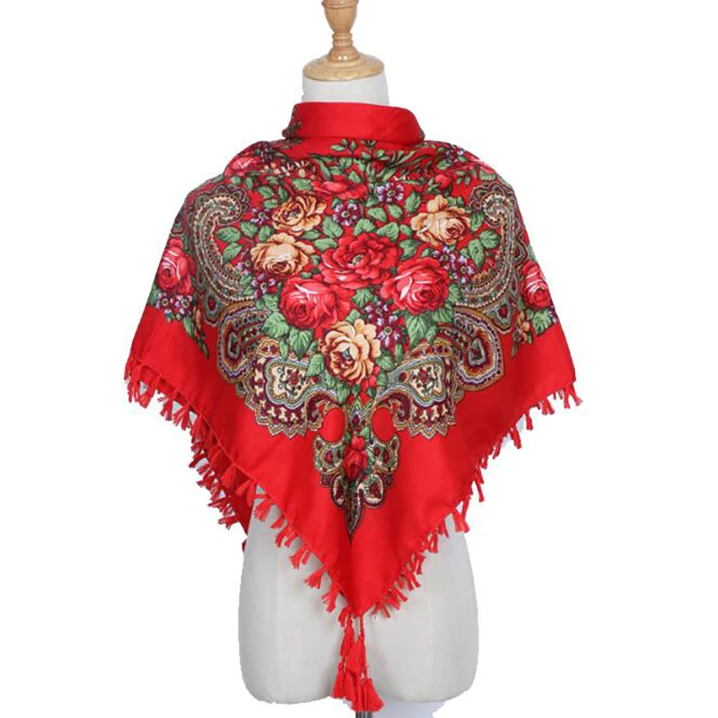 

Autumn And Winter Cotton Russian National Style Scarf Printed Scarf Women's New Square Multifunctional Fringed Shawl
