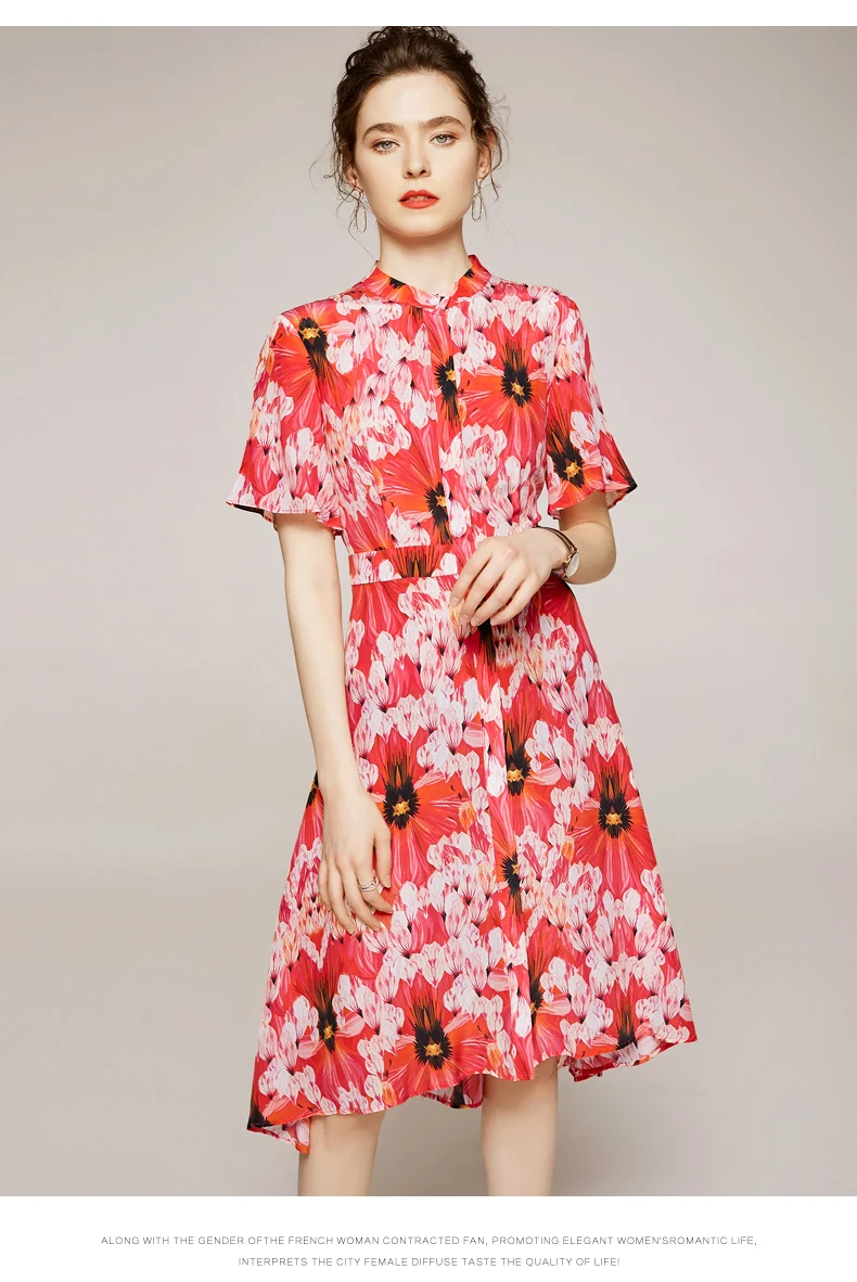 

100% Silk Women's Runway Dresses Stand Collar Short Sleeves Printed Fashion Casual High Street Summer Dresses