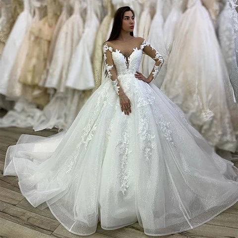Best Selling Illusion Boat Neck Long Sleeves Lace Sequine Beading Ball Gown Wedding Dress