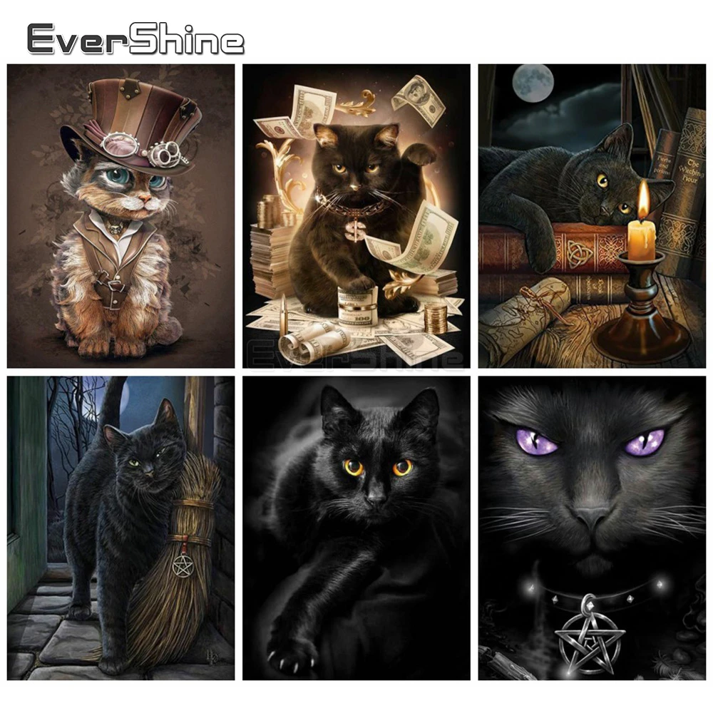 EverShine Diamond Painting Cat Full Square Diamond Embroider Animal Picture Rhinestone Mosaic Black Cat Hobby Home Decor