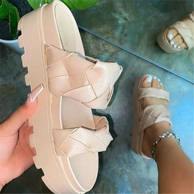 

Shoes Women Big Size Ladies' Slippers Platform Med Pantofle Soft Flat 2021 Fabric Casual Scandals PU Basic Synthetic Slides