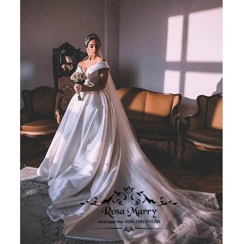 

Princess Off Shoulder Ball Gown Wedding Dresses 2021 Robe De Mariee Plus Size White Satin Vestido De Novia Bridal Gowns