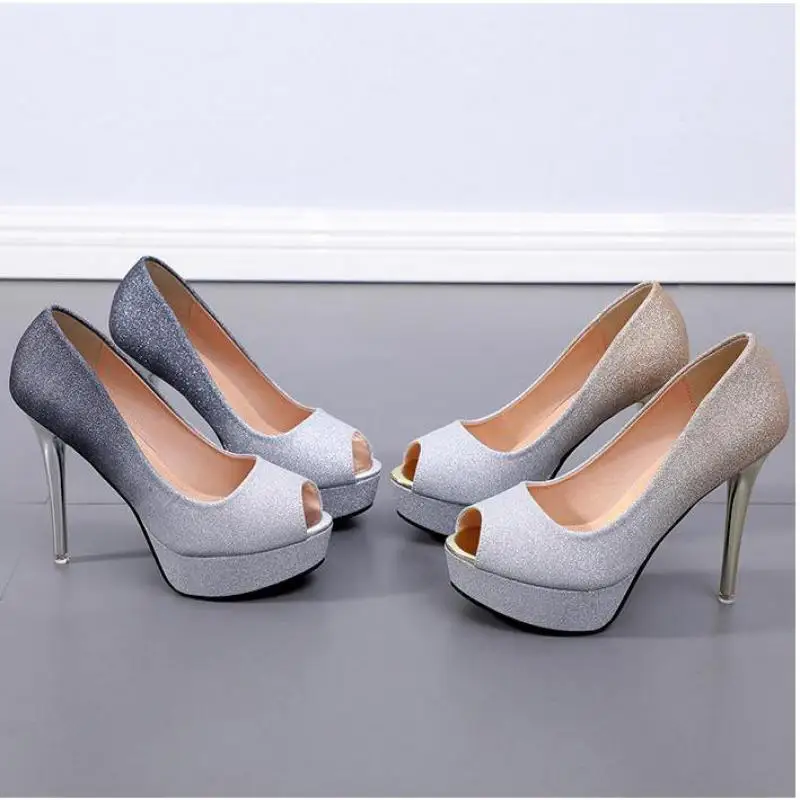 

12cm High Heel Shoes Sexy Pumps Open Toe Platform Slim Heels Professional Shoes Sequins Ladies Heels Peep Toe