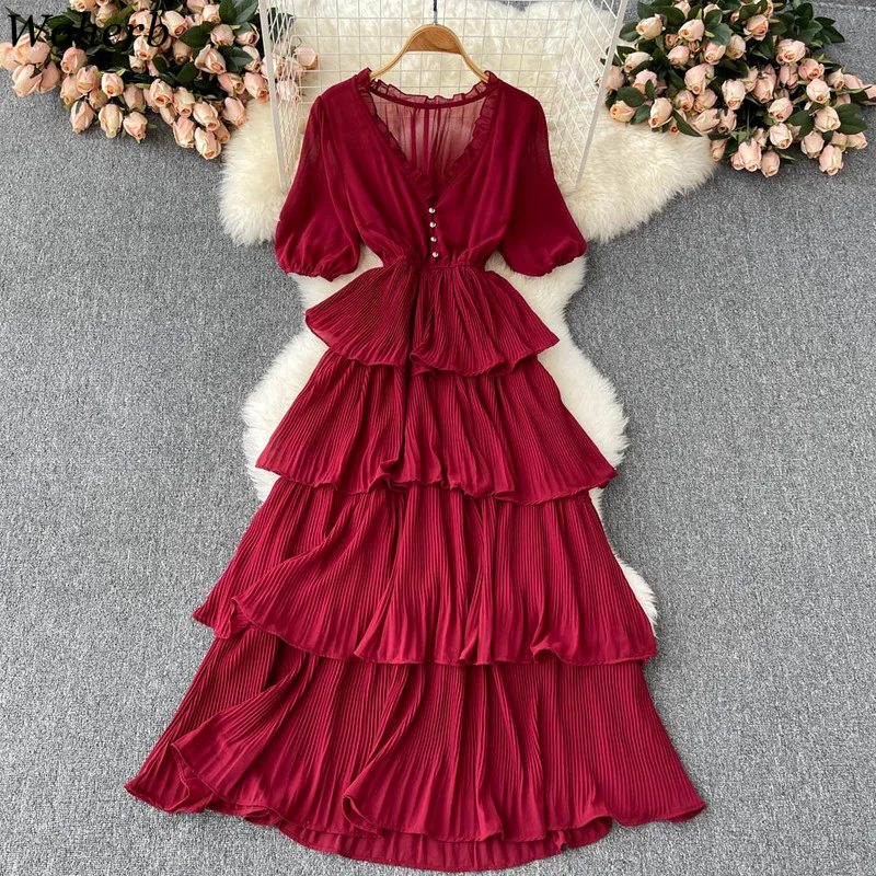 

2022 Платье Для Девочки Chiffon Dresses Thin Sexy V-neck Open Back Ruffled Flare Sleeve Waist Cake Dress Spring Y2k for Women