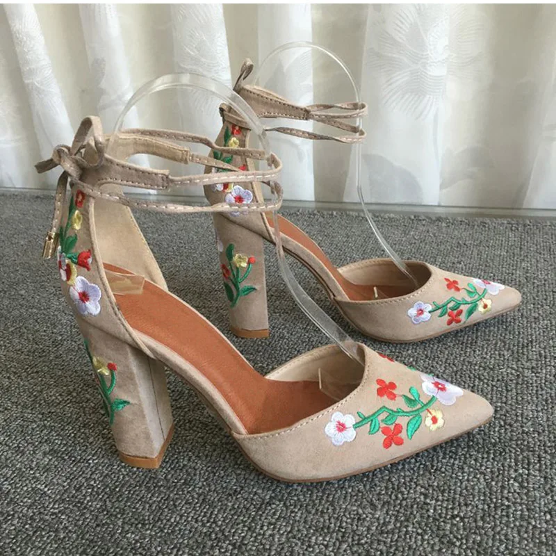 

Women High Heels Plus Size Embroidery Pumps Flower Ankle Strap Shoes Female Two Piece Sexy Party Wedding Free shipping