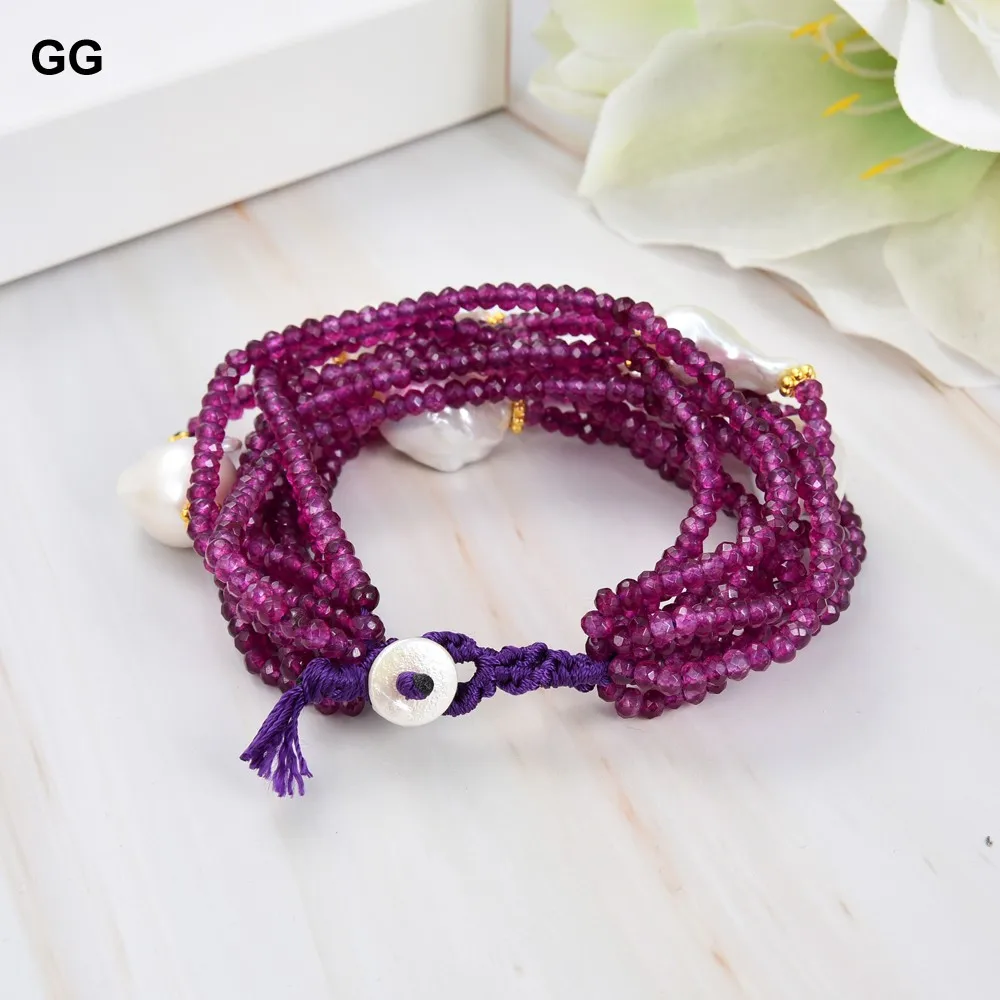 

GG Jewelry 10 Rows 18MM White Keshi Pearl Purple Faceted Jades Stone Bracelet For Women Men Lady Jewelry