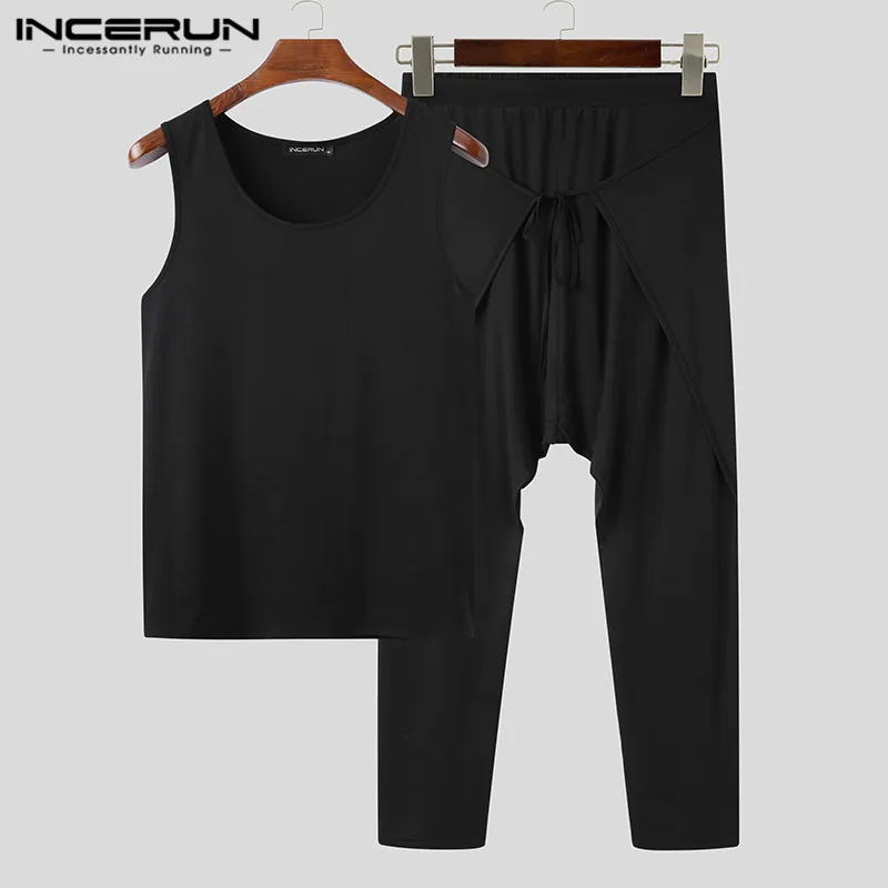 

INCERUN Mens Sets Solid Color Casual Suits Sleeveless Tank Tops Drawstring Pants 2 Pieces Male Comfortable Sportswear Suits 5XL