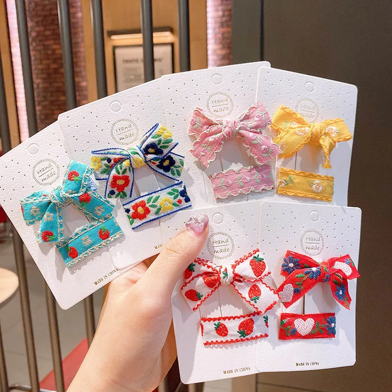 

2 Pcs/Set Children Hair Pins Floral Embroidery Hair Clip Kids Hair Accessories Cute Children Girl Fabric Bow Duckbill Clip