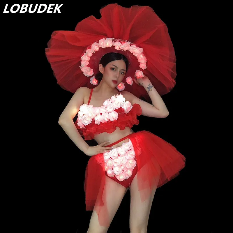 

Светодиодная светящаяся танцевальная одежда на День святого Валентина, розовый, белый, красный цвет, Женская Большая Цветочная шляпа, набор...