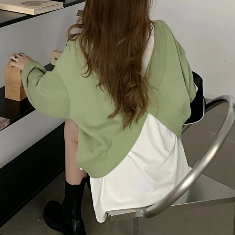 

2021 Spring Autumn Woman Fashion Solid Color Crewneck Sweatshirts Loose Languid Long Sleeve Pullovers