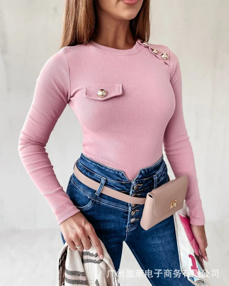 

Spot 2021 Women's New Round Neck Button Top Shirts for Women Women Sexy Tops Tops