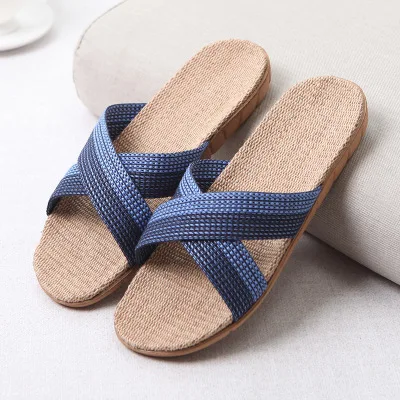 

New Summer Men's Linen Slippers Fashion Crossing Type Durable Breathable Flip-flops Home Hemp Slides