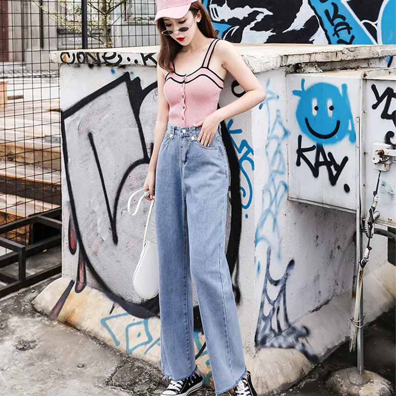 Мода 2019 весна осень женские с высокой посадкой широкие брюки джинсы джинсовые