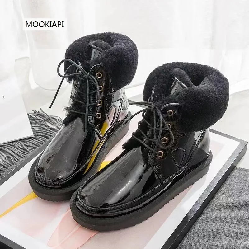 2019 Chinese brand women's shoes real leather 100% natural wool high quality lace up snow boots free delivery | Обувь
