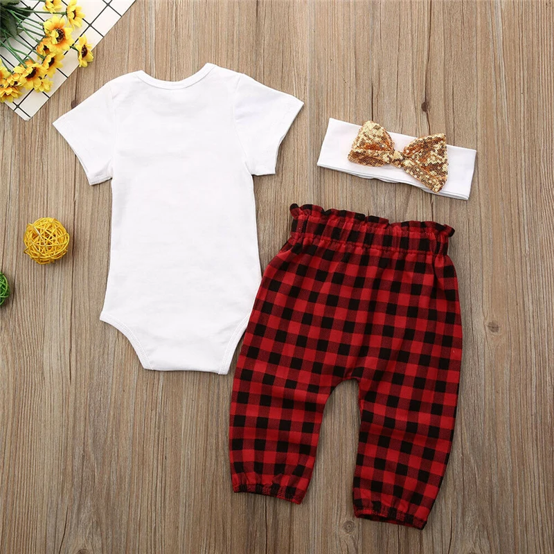 Hot Sale Baby Christmas Outfits My First Girl Boys Clothes Set Cute Bodysuit+Plaid Pants+Headband | Детская одежда и обувь
